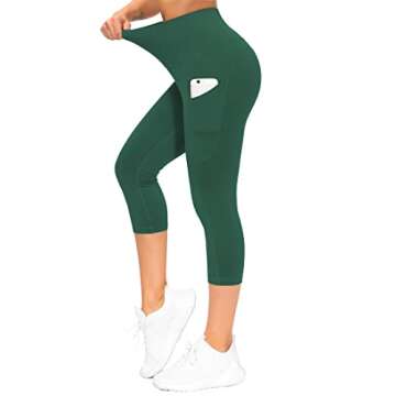 THE GYM PEOPLE Thick High Waist Capris Yoga Pants with Pockets, Tummy Control Workout Running Yoga Leggings for Women Dark Green