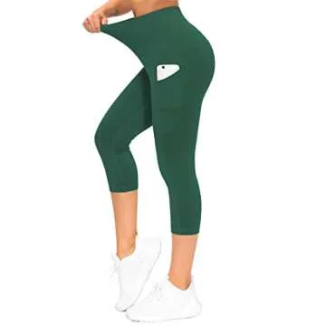 THE GYM PEOPLE Thick High Waist Capris Yoga Pants with Pockets, Tummy Control Workout Running Yoga Leggings for Women Dark Green