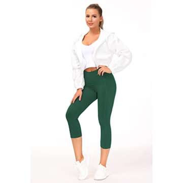 THE GYM PEOPLE Thick High Waist Capris Yoga Pants with Pockets, Tummy Control Workout Running Yoga Leggings for Women Dark Green