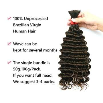 Deep Wave Bulk Human Hair for Braiding No Weft 100 g (1 Pack-2 Bundles) 100% Unprocessed Brazilian V...