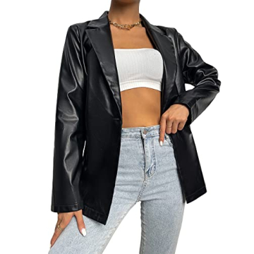 MakeMeChic Women's Faux Leather Blazer Jacket Black S