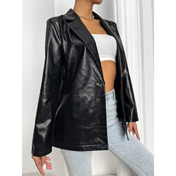 MakeMeChic Women's Faux Leather Blazer Jacket Black S