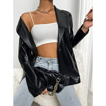 MakeMeChic Women's Faux Leather Blazer Jacket Black S