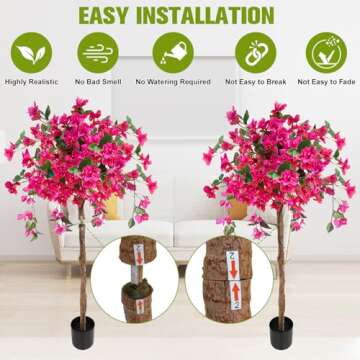 4FT Artificial Tree Tall Potted Fake Bougainvillea Trees, Lifelike Potted Faux Plants with Wood Trunk and Pink Flowers for Home Office Wedding Outdoor Indoor Decor