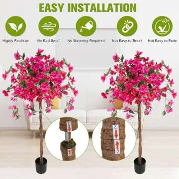 4FT Artificial Tree Tall Potted Fake Bougainvillea Trees, Lifelike Potted Faux Plants with Wood Trunk and Pink Flowers for Home Office Wedding Outdoor Indoor Decor