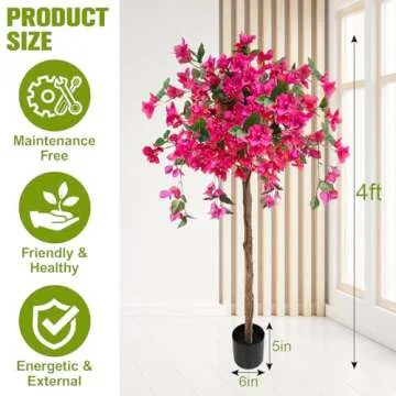 4FT Artificial Tree Tall Potted Fake Bougainvillea Trees, Lifelike Potted Faux Plants with Wood Trunk and Pink Flowers for Home Office Wedding Outdoor Indoor Decor