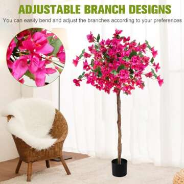 4FT Artificial Tree Tall Potted Fake Bougainvillea Trees, Lifelike Potted Faux Plants with Wood Trunk and Pink Flowers for Home Office Wedding Outdoor Indoor Decor