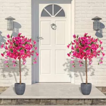 4FT Artificial Tree Tall Potted Fake Bougainvillea Trees, Lifelike Potted Faux Plants with Wood Trunk and Pink Flowers for Home Office Wedding Outdoor Indoor Decor
