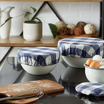 DII Reusable Cloth Bowl Cover Collection Machine Washable, Cotton with Elastic Stretch for Food Storage, 10.25"/8.25"/7.5" Diameter, Farmhouse Plaid, French Blue, 3 Piece