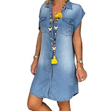 lookwoild Women Denim Shirt Dresses Short Sleeve Button Down Jean Dress T Shirt Mini Dress with Pockets Casual Tunic Tops (Blue, xx_l)