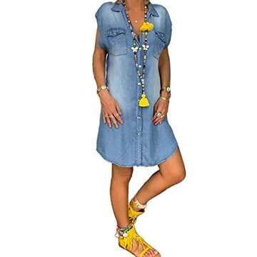 lookwoild Women Denim Shirt Dresses Short Sleeve Button Down Jean Dress T Shirt Mini Dress with Pockets Casual Tunic Tops (Blue, xx_l)