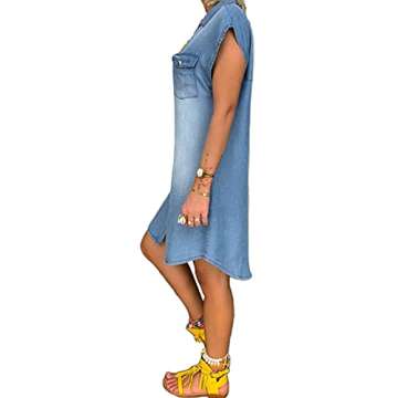 lookwoild Women Denim Shirt Dresses Short Sleeve Button Down Jean Dress T Shirt Mini Dress with Pockets Casual Tunic Tops (Blue, xx_l)