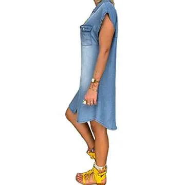 lookwoild Women Denim Shirt Dresses Short Sleeve Button Down Jean Dress T Shirt Mini Dress with Pockets Casual Tunic Tops (Blue, xx_l)