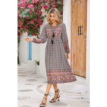 R.Vivimos Bohemian Floral Midi Dress Soft Cotton V-Neck