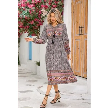 R.Vivimos Bohemian Floral Midi Dress Soft Cotton V-Neck