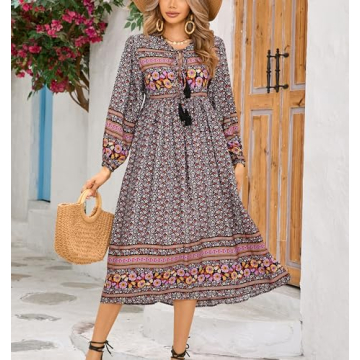 R.Vivimos Bohemian Floral Midi Dress Soft Cotton V-Neck