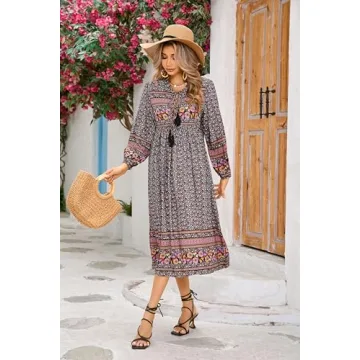 R.Vivimos Bohemian Floral Midi Dress Soft Cotton V-Neck