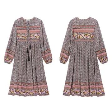 R.Vivimos Bohemian Floral Midi Dress Soft Cotton V-Neck