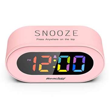 REACHER Pink Girls Alarm Clock, Dimmable Colorful LED Digital Display, USB Phone Charger Port, Simple Operation for Kids, Adults, Adjustable Volume, Snooze, Small Size for Bedrooms, Bedside, Desk