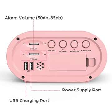 REACHER Pink Girls Alarm Clock, Dimmable Colorful LED Digital Display, USB Phone Charger Port, Simple Operation for Kids, Adults, Adjustable Volume, Snooze, Small Size for Bedrooms, Bedside, Desk