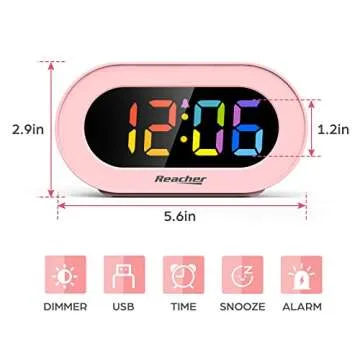 REACHER Pink Girls Alarm Clock, Dimmable Colorful LED Digital Display, USB Phone Charger Port, Simple Operation for Kids, Adults, Adjustable Volume, Snooze, Small Size for Bedrooms, Bedside, Desk