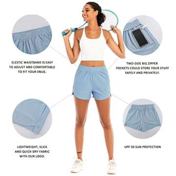 RUNNING GIRL Women’s 3” Running Quick-Dry Athletic Shorts with Zipper Pockets Elastic Waist Gym Outdoor Beach Hiking Workout Volleyball(DK2730_1Sky Blue_M)