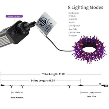 300 LED Halloween Lights, 98.5FT Halloween String Lights with 8 Lighting Modes, Waterproof & Connectable Mini Lights, Plug in for Indoor Outdoor Holiday Party Bedroom Decorations (Purple & Orange)
