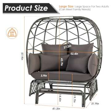RADIATA Oversized Wicker Double Egg Chair w/ 7 Cushions 500lb Capacity Lounge Basket with Strong Hea...
