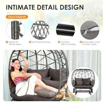 RADIATA Oversized Wicker Double Egg Chair w/ 7 Cushions 500lb Capacity Lounge Basket with Strong Heavy-Duty Steel Frame for Indoor Outdoor Patio Backyard Living Room (Gray)