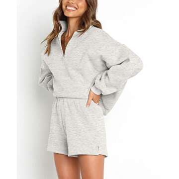 MEROKEETY Women's 2024 Fall Oversized Pajamas Lounge Sets Long Sleeve Tops and Shorts Sweatsuit with Pockets, LightGrey, L