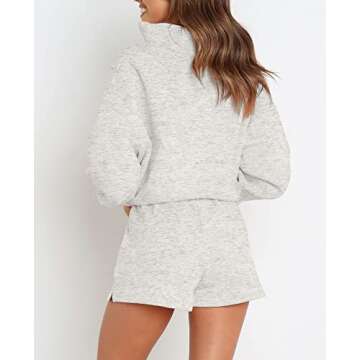 MEROKEETY Women's 2024 Fall Oversized Pajamas Lounge Sets Long Sleeve Tops and Shorts Sweatsuit with Pockets, LightGrey, L