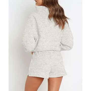 MEROKEETY Women's 2024 Fall Oversized Pajamas Lounge Sets Long Sleeve Tops and Shorts Sweatsuit with Pockets, LightGrey, L