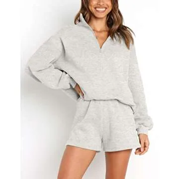 MEROKEETY Women's 2024 Fall Oversized Pajamas Lounge Sets Long Sleeve Tops and Shorts Sweatsuit with Pockets, LightGrey, L