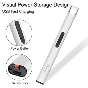 REIDEA Lighter R1 Flat Electronic Candle Lighter, Windproof Flameless USB Rechargeable Arc Lighter with Safe Button and Power Indicator for Candle, BBQ and Fireworks, White