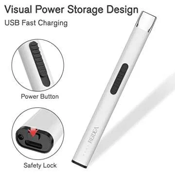 REIDEA Lighter R1 Flat Electronic Candle Lighter, Windproof Flameless USB Rechargeable Arc Lighter with Safe Button and Power Indicator for Candle, BBQ and Fireworks, White
