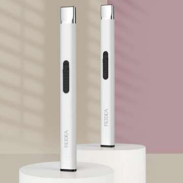 REIDEA Lighter R1 Flat Electronic Candle Lighter, Windproof Flameless USB Rechargeable Arc Lighter with Safe Button and Power Indicator for Candle, BBQ and Fireworks, White