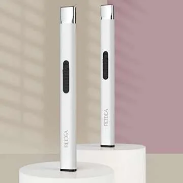 REIDEA Lighter R1 Flat Electronic Candle Lighter, Windproof Flameless USB Rechargeable Arc Lighter with Safe Button and Power Indicator for Candle, BBQ and Fireworks, White