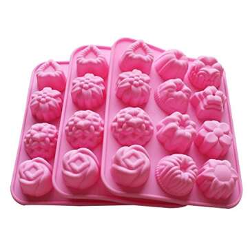 BAKER DEPOT Silicone Bakeware Mold For cake chocolate Jelly Pudding Dessert Molds 12 Holes With Flower Heart Shape Set of 3