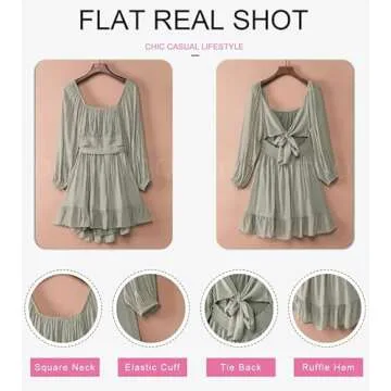 Dokotoo Women's Dress Square Neck Tie Back Off The Shoulder Dress Lantern Long Sleeve Dresses Ruffle A-Line Elastic Waist Spring Outifits Casual Mini Dress for Women Large Grey