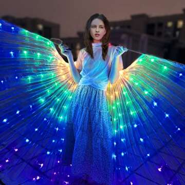 COWINTIC LED Isis Wing - Belly Dance Glow Light Up Costume Party Club Wear Angel Wings with Sticks for Women(Adult, rainbow)