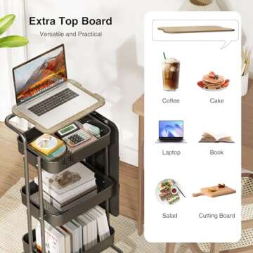 DTK 3 Tier Metal Utility Rolling Cart with Table Top and Side Bags, Tray Storage Organizer Wheels, A...