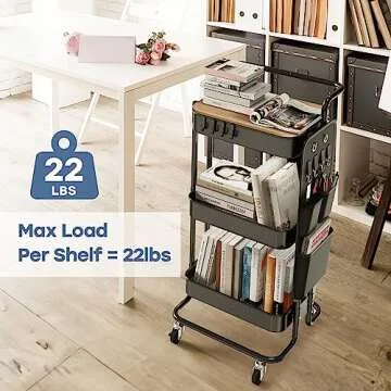 DTK 3 Tier Metal Rolling Cart for Kitchen and Office