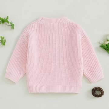 Mandizy Baby Girl Winter Clothes Toddler Bow Embroidered Sweater Knit Sweatshirt Long Sleeve Crewneck Pullover Knitwear (Pink, 6-7 Years)