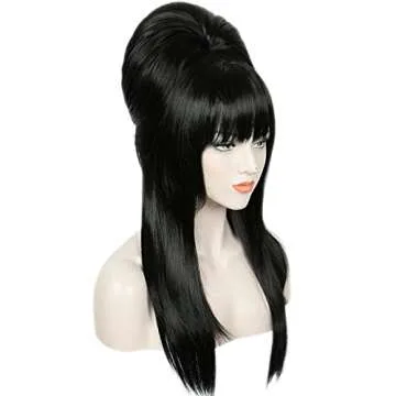 Linfairy Long Straight Black Wig Big Bouffant Beehive Wigs for Women fits 50s 80s Costume