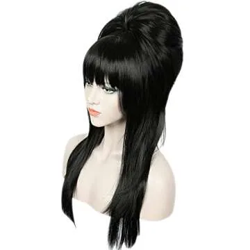 Linfairy Long Straight Black Wig Big Bouffant Beehive Wigs for Women fits 50s 80s Costume