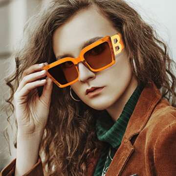QYVEWY 3 Pairs Oversized Square Sunglasses for Women Men 90s Retro Trendy Thick B Frame Big Sun Glasses UV400 Protection (Orange/Tea/Transparant)