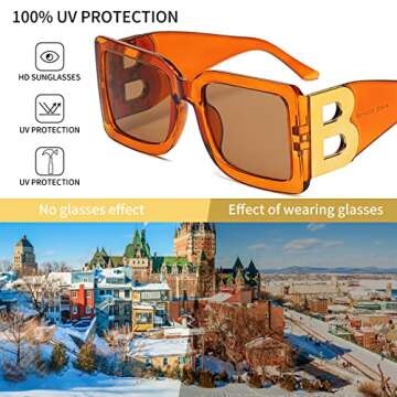 QYVEWY 3 Pairs Oversized Square Sunglasses for Women Men 90s Retro Trendy Thick B Frame Big Sun Glasses UV400 Protection (Orange/Tea/Transparant)