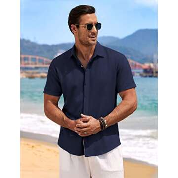 COOFANDY Men's Linen Shirts Short Sleeve Casual Button Down Shirt for Mens Summer Beach Yoga Shirt N...