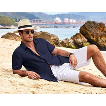 COOFANDY Men's Linen Shirts Short Sleeve Casual Button Down Shirt for Mens Summer Beach Yoga Shirt Navy Blue