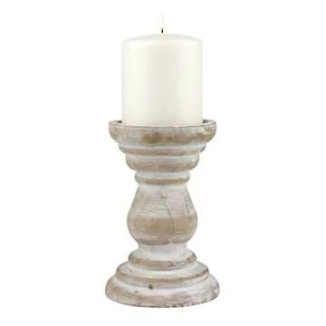 Stonebriar Antique White Wooden Pillar Candle Holder, Vintage Seaside Pillar Stand for Dining Table Centerpiece, Coffee Table, Mantel, Or Any Table Top, Medium